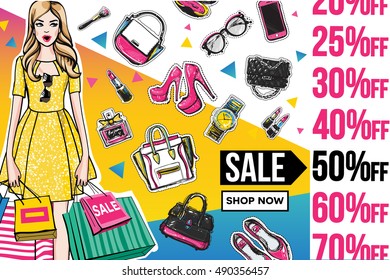 Fashion Sale and special offer concept card for online shopping. Vector illustration of fashion model, makeup accessories for website and mobile, poster, email and banner designs, ads, promo material