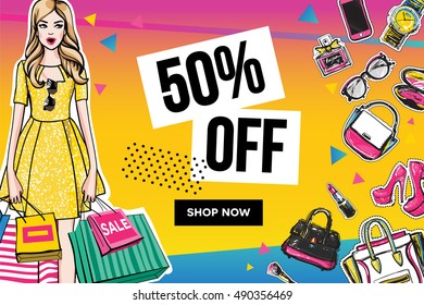 Fashion Sale and special offer concept card for online shopping. 50% off. Vector illustration of model, makeup accessories for website and mobile, poster, email and banner designs ads promo material
