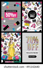 Fashion Sale and special offer concept card for online shopping. Vector illustration of fashion model, makeup accessories for website and mobile, poster, email and banner designs, ads, promo material
