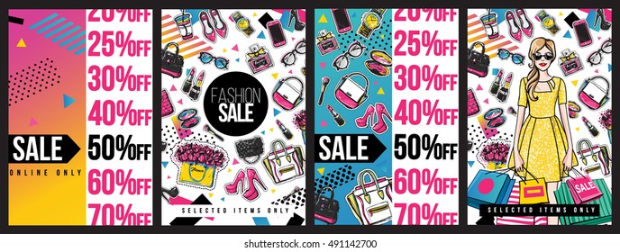 Fashion Sale and special offer concept card for online shopping. Vector illustration of fashion model, makeup accessories for website and mobile, poster, email and banner designs, ads, promo material