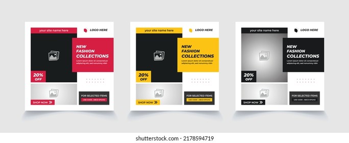 Fashion sale square social media post or banner template for new arrival promotion. web banner ads for promotion design with red, yellow and black color.