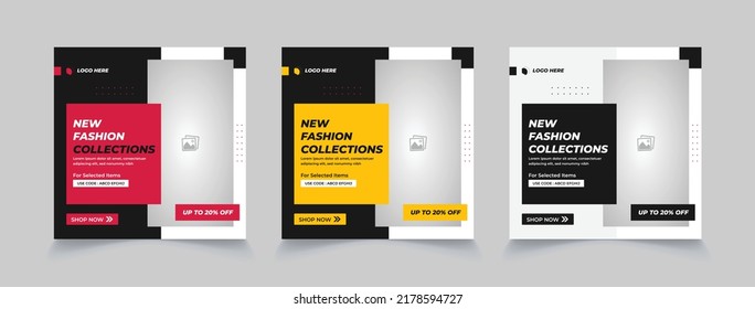 Fashion sale square social media post or banner template for new arrival promotion. web banner ads for promotion design with red, yellow and black color.