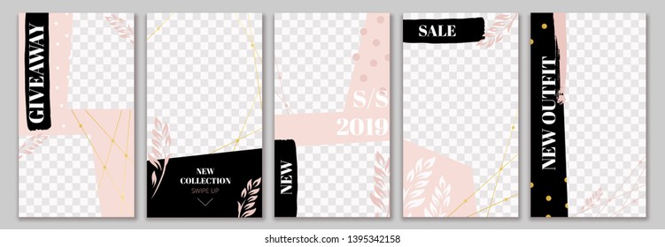 Fashion Sale Stories Template. Cute Pink Story Post Layout, Floral Poster And Photo Frame Templates Layout Vector Set