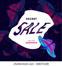 Fashion Sale stylish banner with butterfly on dark background. Sale template. Big sale. Sale tag. Sale poster. Sale vector. Super Sale and special offer. Up to 50% off. Vector illustration.