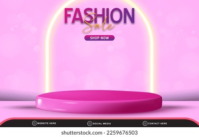 fashion sale template banner with blank space 3d podium for product sale with abstract gradient pink background