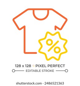Fashion sale two color line icon. Fashion market deals. Shopping. T-shirt and percentage symbol bicolor outline symbol. Duotone linear pictogram. Isolated illustration. Editable stroke