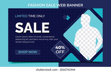 Fashion sale web ad banner template with photo place modern layout blue background and text design