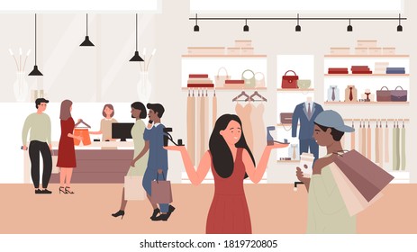 Fashion sales in clothing shop flat vector illustration. Cartoon man woman customer characters using discount special offers, buyer people buying new clothes in fashion store, shopping mall background