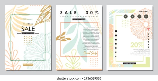 Fashion sales floral banners with pastel color palette. Document placard invitation template banners. Beauty, spa and cosmetics cover designs with artistic promotional advertisements. Backdrop vector 