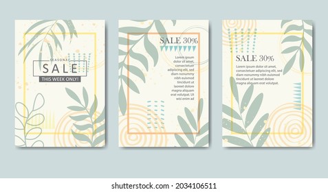 Fashion sales floral banners with pastel color palette. Design backgrounds for social media banner.Set of a4 post frame templates. Vector cover. Mockup for personal blog or shop. Layout for promotion