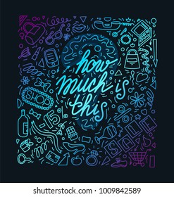 Fashion sales purchase shopping ladies things lettering. Vector illustration on dark background. Print, poster, card, banner, web