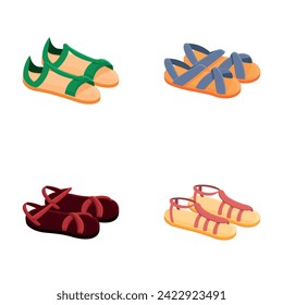 Fashion sandal icons set cartoon vector. Various open sandal with strap. Footwear, summer shoe