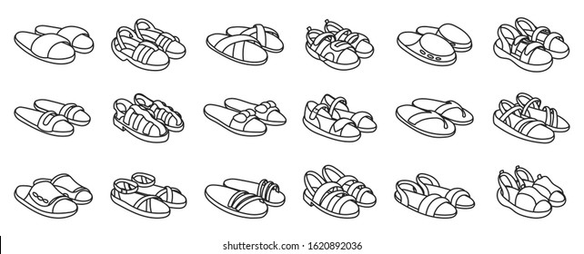 Fashion sandal vector illustration set on white background . Summer shoe of sandal line vector set icon. Isolated line icon summer footwear.