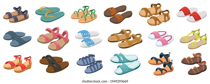 Fashion sandal vector illustration set on white background . Summer shoe of sandal cartoon vector set icon. Isolated cartoon icon summer footwear.