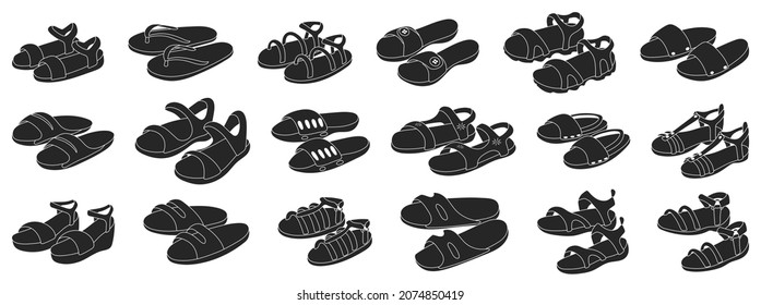 Fashion sandal vector illustration set on white background . Summer shoe of sandal black vector set icon. Isolated black icon summer footwear.