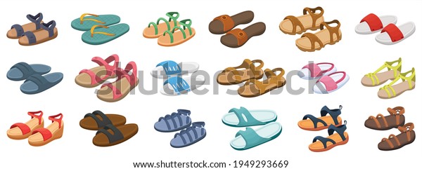 Fashion sandal vector illustration set on white\
background . Summer shoe of sandal cartoon vector set icon.\
Isolated cartoon icon summer\
footwear.