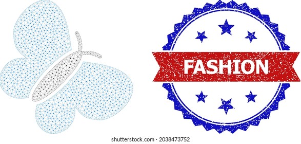 Fashion scratched badge, and butterfly icon mesh structure. Red and blue bicolor stamp seal includes Fashion caption inside ribbon and rosette. Abstract 2d mesh butterfly, built from flat mesh.