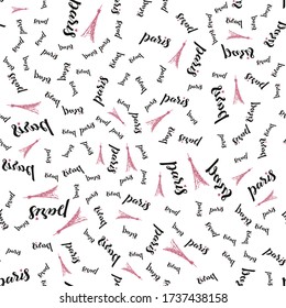 Fashion seamless background on white fon with black lettering paris and pink eiffel. for textile fabric fashion templates