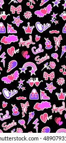 Fashion seamless background pattern with fashionable patches. Cute stickers - rainbow, heart, shoe, rose, wings, clouds, stars, sweets, sherry, crown. - Shutterstock ID 489079315