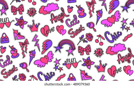 Fashion seamless background pattern with fashionable patches. Cute stickers - rainbow, heart, shoe, rose, wings, clouds, stars, sweets, sherry, crown.