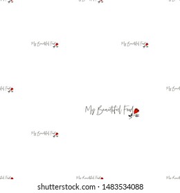 Fashion seamless with beautiful food script and roses. Stylish modern textile design. Vector fashion sketch. White background. Vintage fabric print. Beautiful pattern