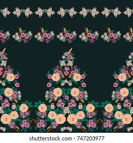 Fashion seamless border with feathers, small flowers of antique roses in a folk bohemian style for a stylish fabrics, prints, textile, wallpaper. Trendy color floral satin print. Boho chic millefleurs