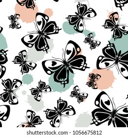 Fashion seamless butterfly cloth template with green and orange blotters on white. Spring butterfly linen theme vector. Repeating insect fabric artwork for clothing fabric.