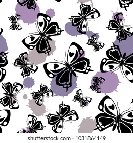 Fashion seamless butterfly cloth texture with pale violet and grey blotters on white. Flying butterfly linen theme vector. Repeating insect fabric backdrop for garments.