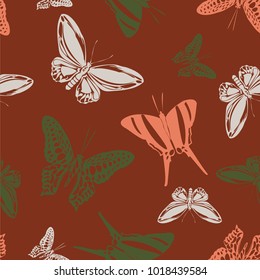 Fashion seamless butterfly engraving pattern isolated on contrast back layer. Flying butterfly etching theme vector. Insect silhouette backdrop for cover.
