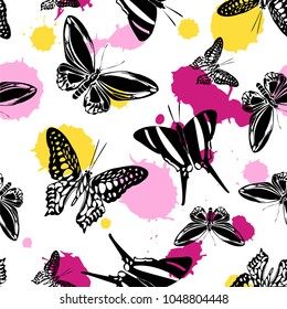 Fashion seamless butterfly kite background with yellow, pink and red blotter on white. Nature butterfly hover theme vector. Repeating insect soar backdrop for ceramic tile.