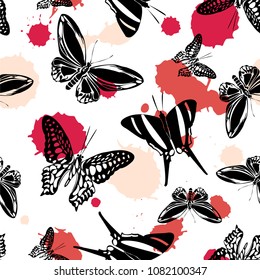 Fashion seamless butterfly kite background with blotter on white.  Spring butterfly hover theme vector. Repeating insect soar backdrop for wrapping paper.