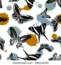 Fashion seamless butterfly kite pattern with blotter on white.  Wildlife butterfly hover theme vector. Repeating insect soar artwork for marketing purpouses.