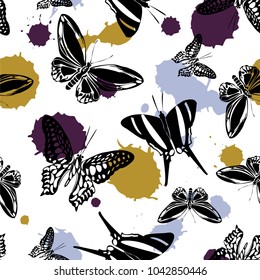 Fashion seamless butterfly kite texture with sandy yellow, metallic grey and deep purple blotters on white. Season butterfly hover theme vector. Repeating insect soar clipart for interior.