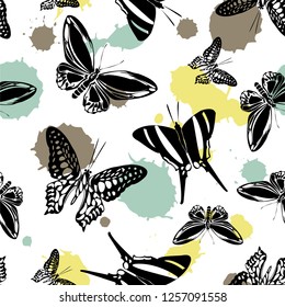 Fashion seamless butterfly kite texture with blotter on white.  Spring butterfly hover theme vector. Repeating insect soar clipart for interior.