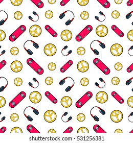 Fashion Seamless Comic Style Background with Skateboard, Headphones and Sign Peace. Vector Retro Pattern