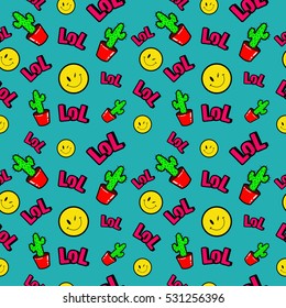 Fashion Seamless Comic Style Background with Cactus, Smile and Lol. Vector Retro Pattern