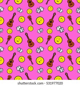 Fashion Seamless Comic Style Background with Smile, Guitar and Dice. Vector Retro Pattern