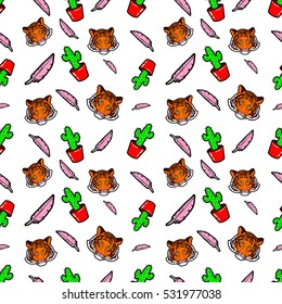 Fashion Seamless Comic Style Background with Cactus, Feather and Tiger. Vector Retro Pattern