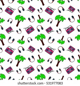 Fashion Seamless Comic Style Background with Palms, Headphones and Music Recorders. Vector Retro Pattern
