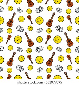 Fashion Seamless Comic Style Background with Smile, Guitar and Dice. Vector Retro Pattern