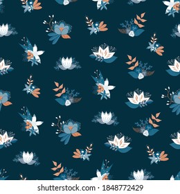 Fashion-nahtlose, farbige Blumenmuster. Stoffdesign mit einfachen Farben auf Blau. Vektorcute Wiederholung für Babygewebe, Tapete oder Verpackungspapier