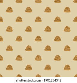 Moda de doodle sin fisuras con simple adorno de sombrero de hipster beige beanie. Fondo beige pastel. Ilustración bursátil. Diseño vectorial para textiles, tela, giftwrap, papel pintado.