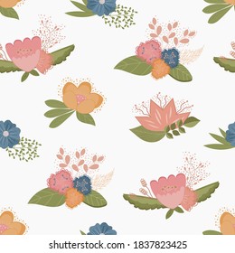 Fashion Seamless Floral Ditch Pattern. Fabric Design With Decorative Flowers. Vector Cute Repeating Pattern For Baby Fabric, Wallpaper Or Wrapping Paper.