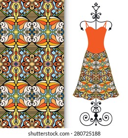 Fashion seamless geometric pattern, women's dress on a hanger, invitation card design