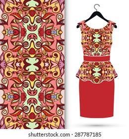 Fashion seamless geometric pattern, women's dress on a hanger, invitation card design