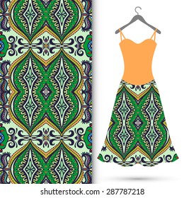 Fashion seamless geometric pattern, women's dress on a hanger, invitation card design
