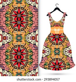 Fashion seamless geometric pattern, women's dress on a hanger, invitation card design