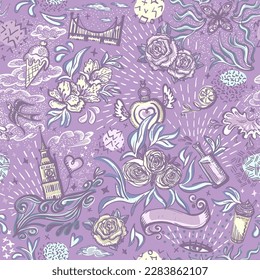 Fashion seamless multi symbol pattern with flowers, city elements and desserts, violet vector background