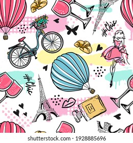 Fashion seamless  Paris pattern. pattern with hand drawn  Eiffel Tower and lips. for  fashion clothes, t shirt, child, wrapping paper. Creative girlish design  