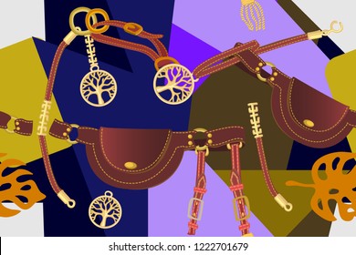 Fashion seamless pattern. Abstract print with bags and straps on geometric background.